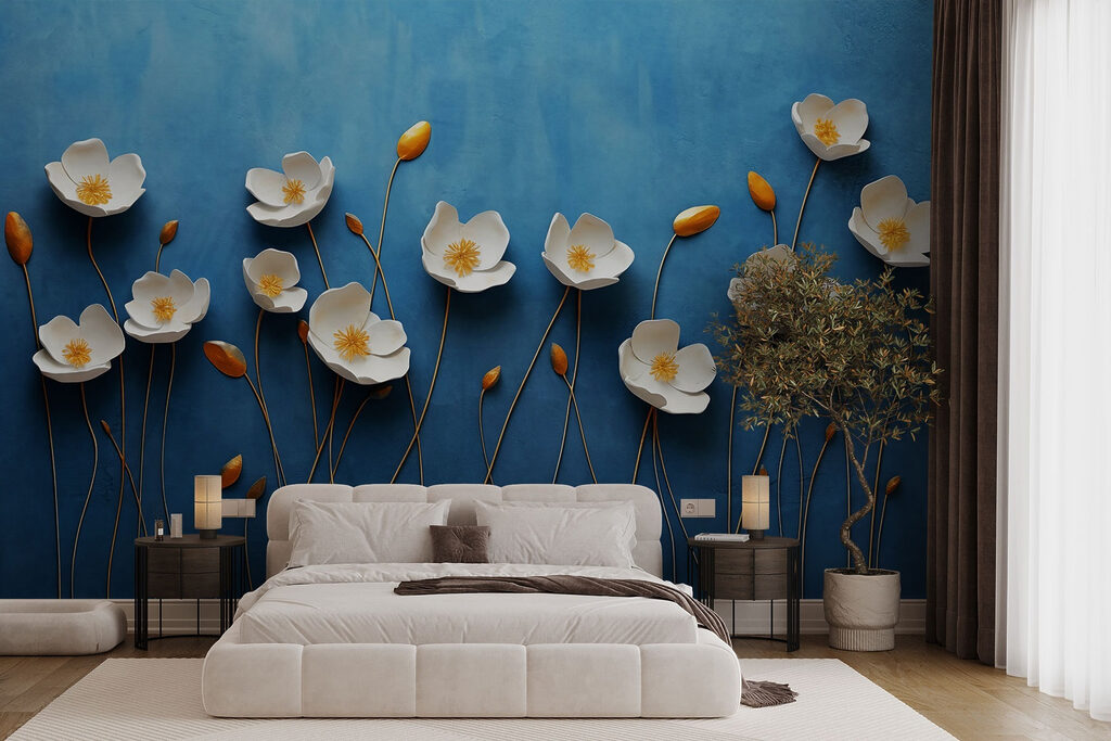 Group of white flowers on a blue background