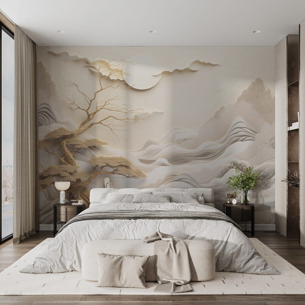 Tree and mountains with clouds and sun