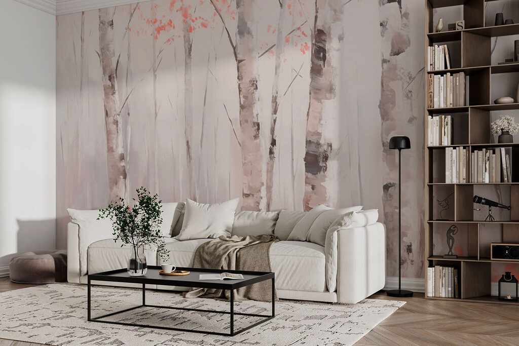 Painting of trees with pink leaves