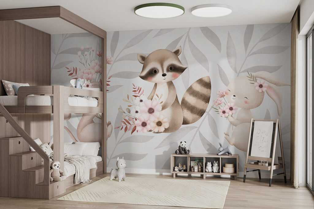 Raccoon and rabbit holding flowers