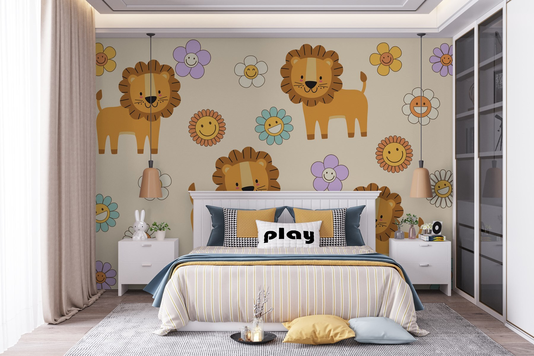Group of cartoon lions and flowers