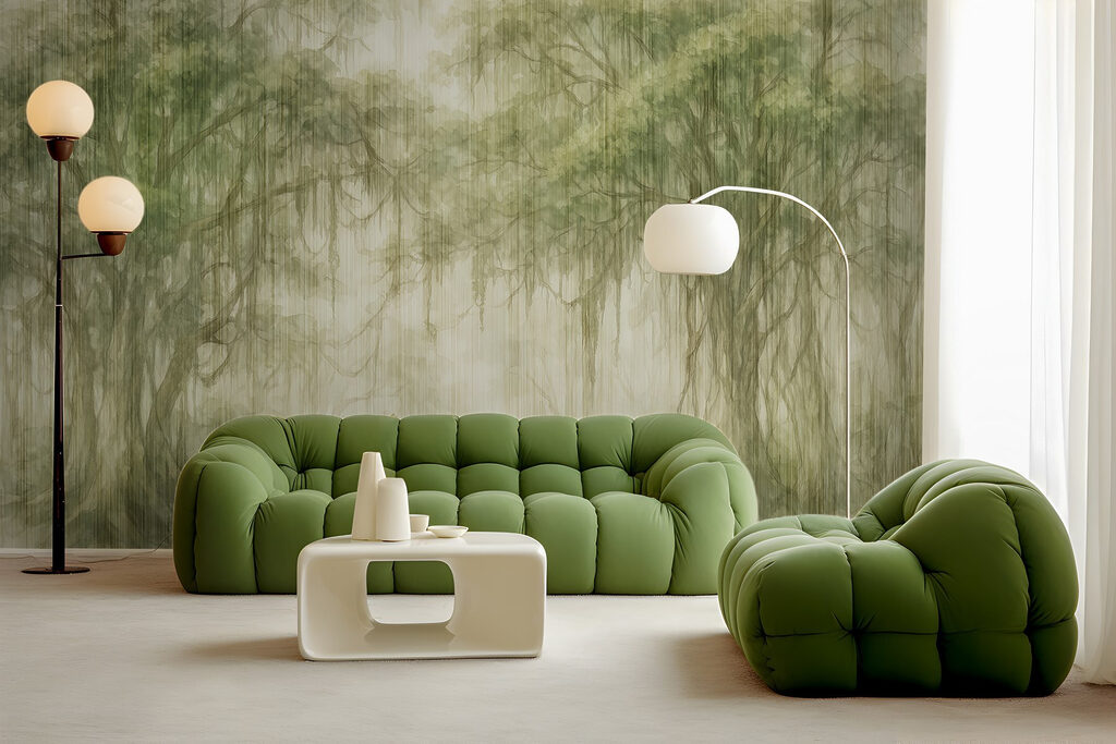 Painting of trees in a foggy forest