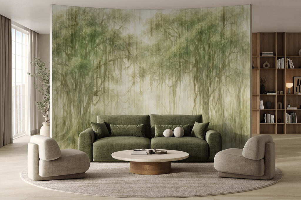 Painting of trees in a foggy forest