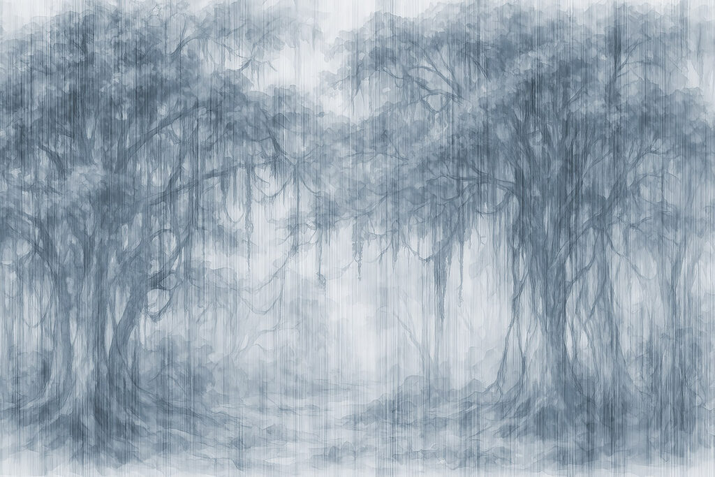 Group of trees in a foggy forest