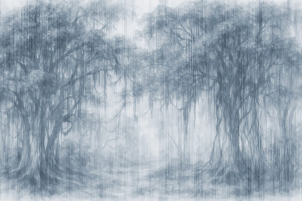 Group of trees in a foggy forest
