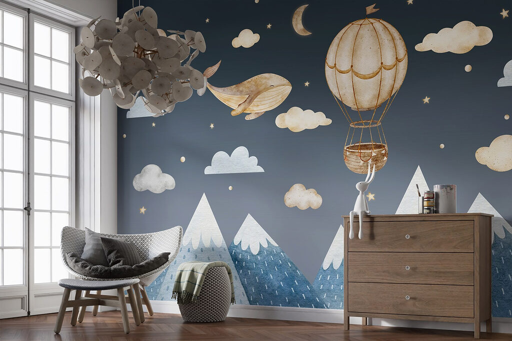 Whale and hot air balloon in the sky