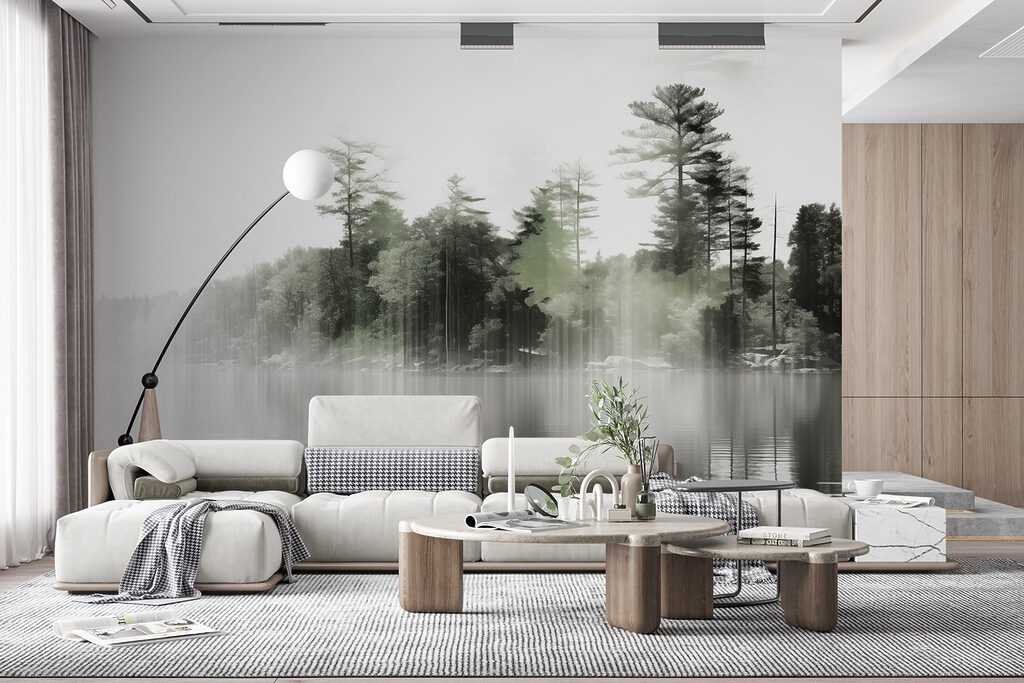 Body of water with trees and fog