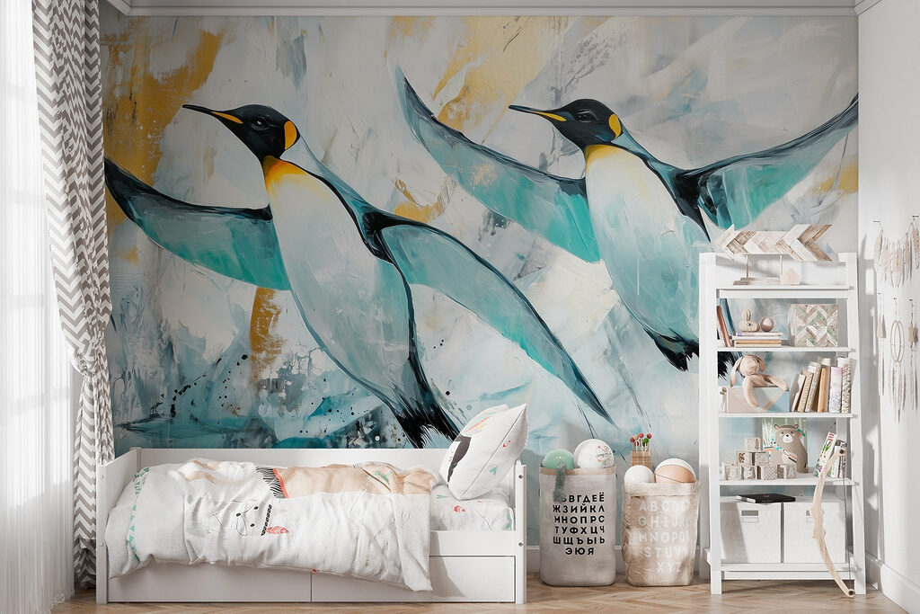 Painting of penguins flying