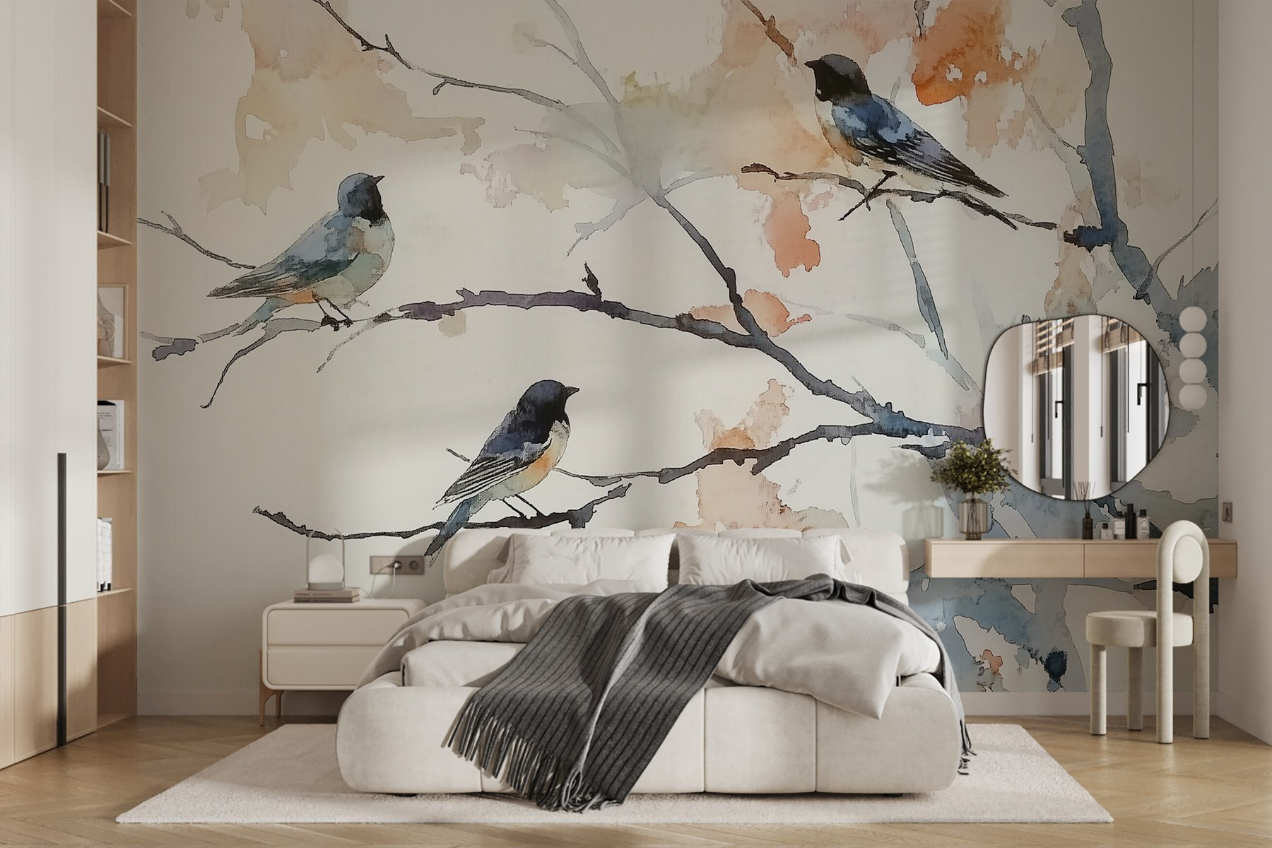 Watercolor of birds on a tree branch