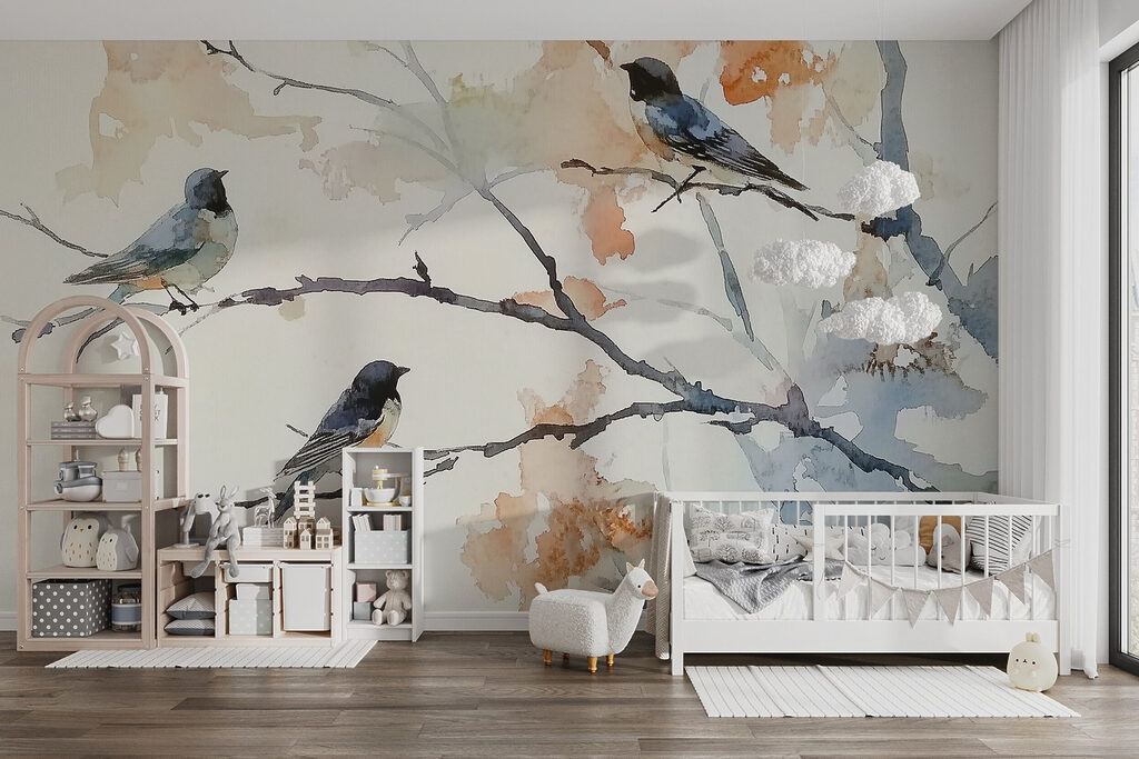 Watercolor of birds on a tree branch