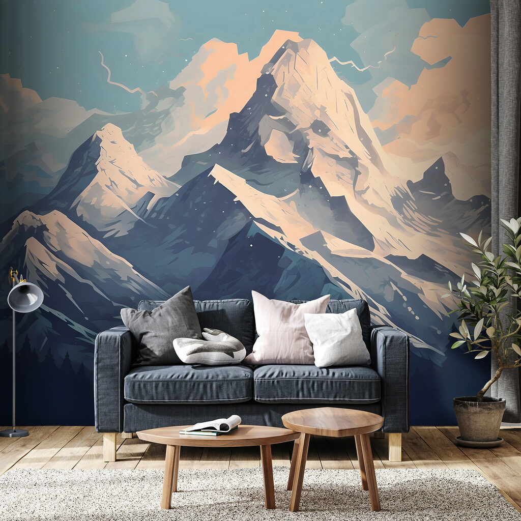 Mountain range with trees and clouds