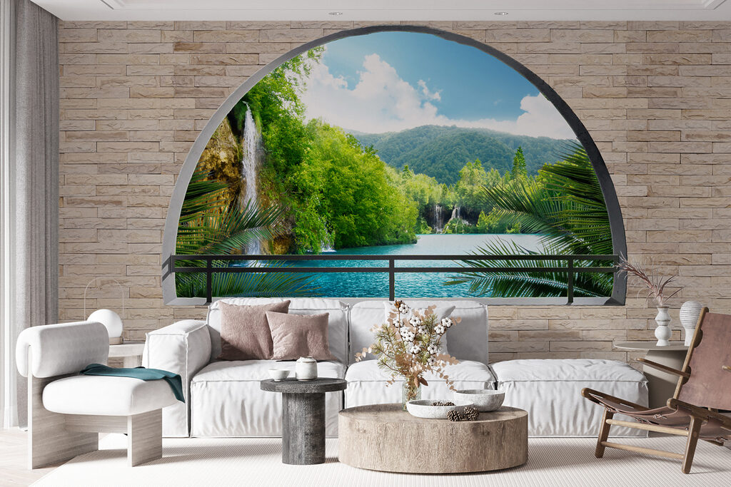 Window with a waterfall and trees