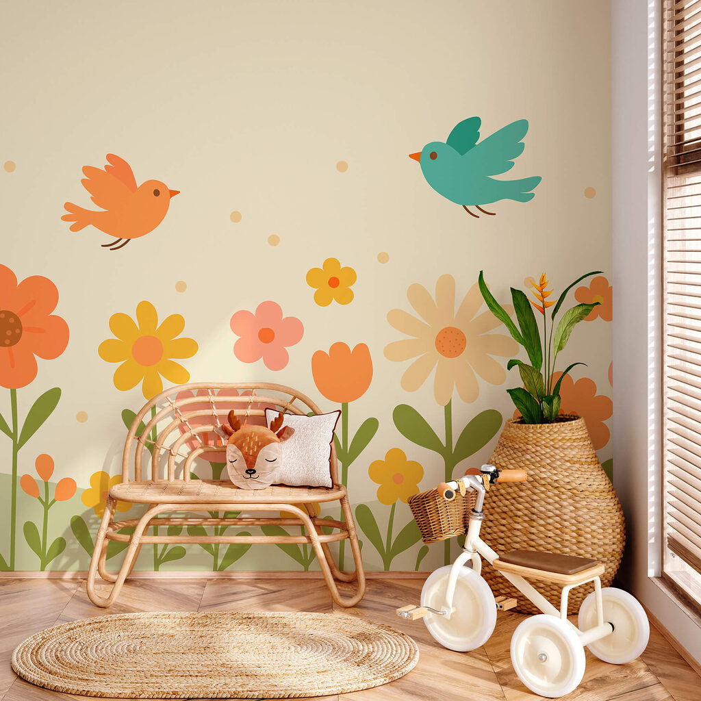 Πουλιά που πετούν πάνω από λουλούδια