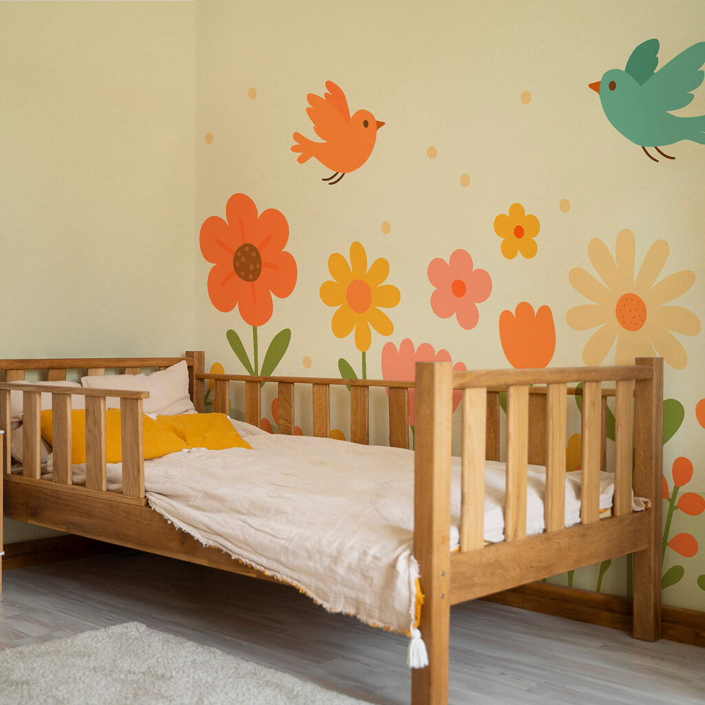 Πουλιά που πετούν πάνω από λουλούδια