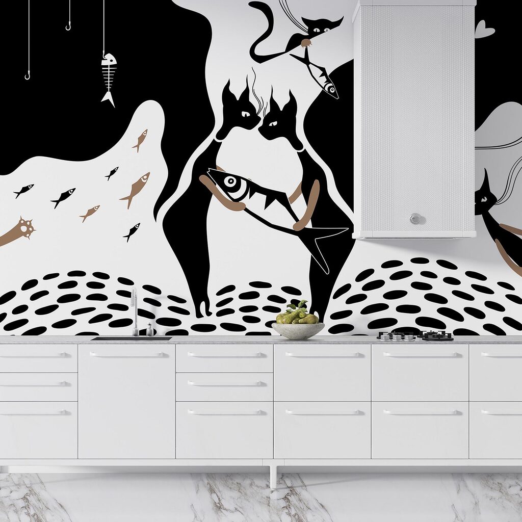 Ασπρόμαυρη γάτα με ψάρια και ψάρια