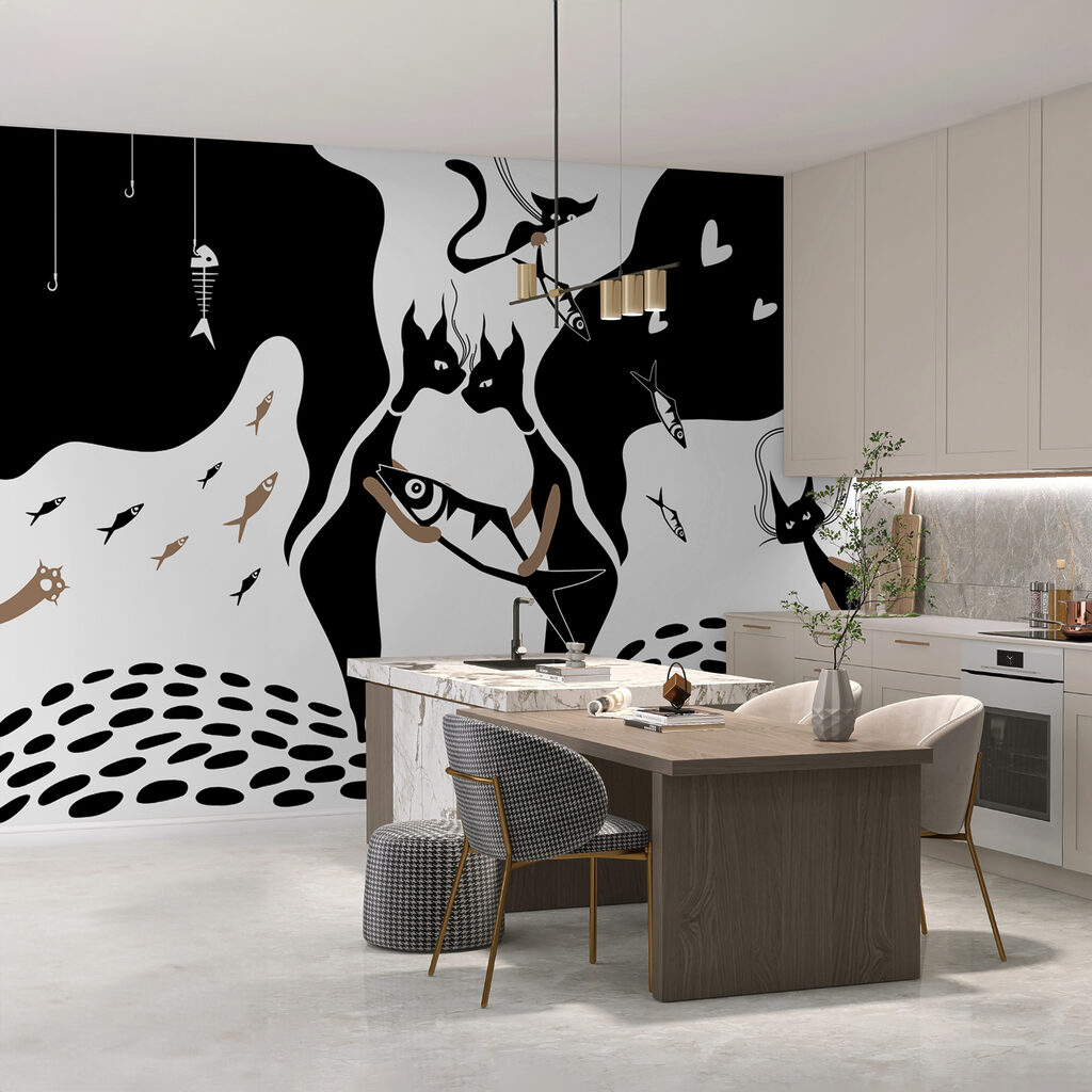 Ασπρόμαυρη γάτα με ψάρια και ψάρια