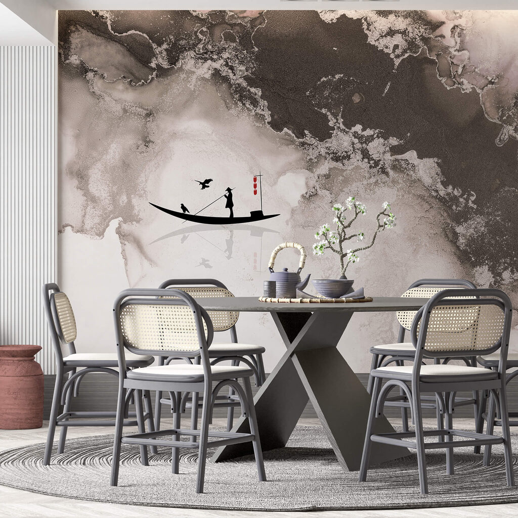 Σιλουέτα ενός άνδρα σε μια βάρκα με ένα πουλί πάνω της