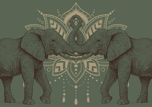 Two elephants with their trunks touching each other