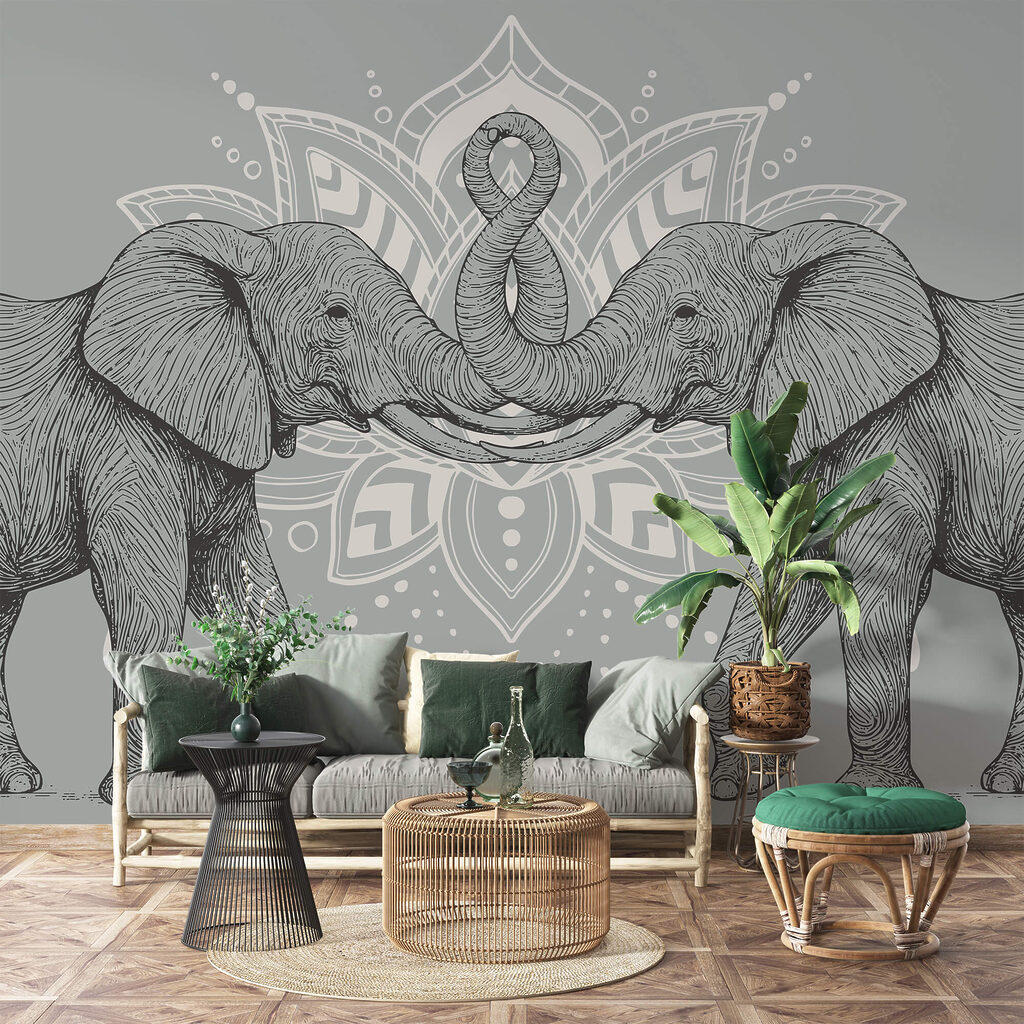 Δύο ελέφαντες με τους κορμούς τους να αγγίζουν ο ένας τον άλλον