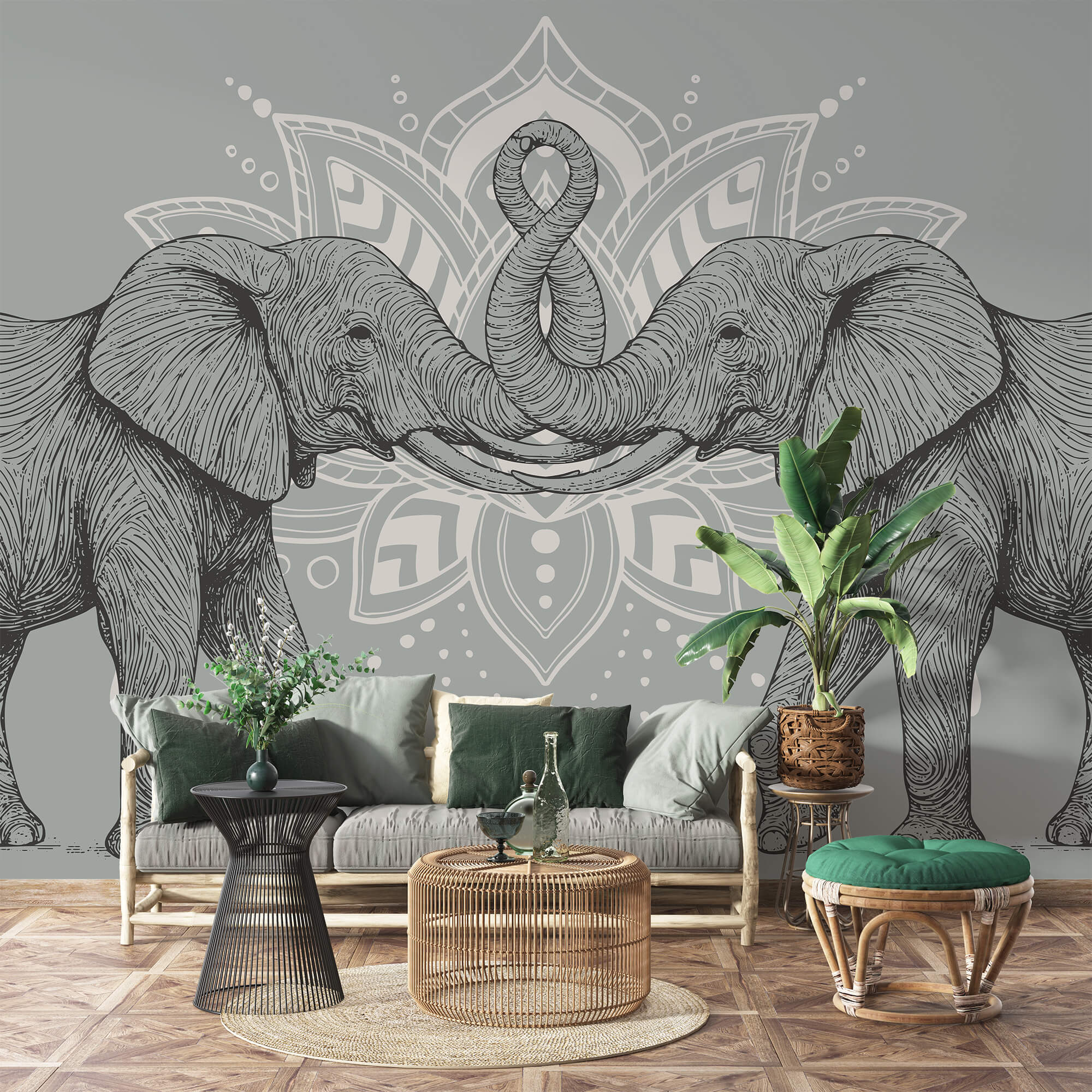 Δύο ελέφαντες με τους κορμούς τους να αγγίζουν ο ένας τον άλλον