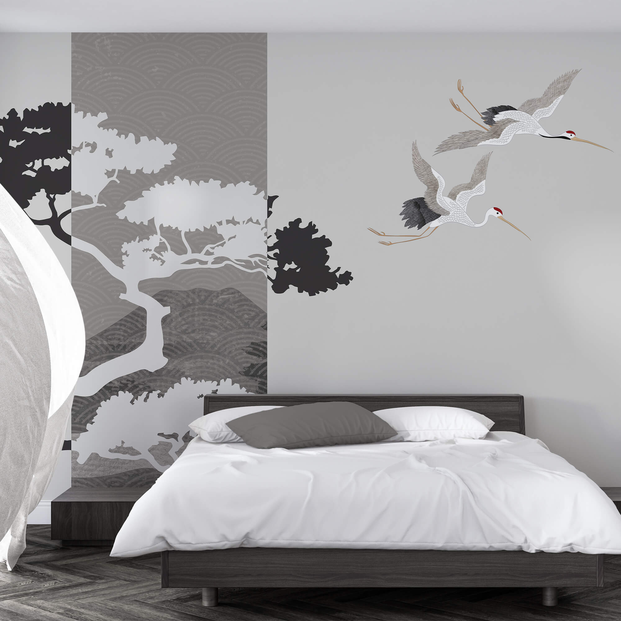 Δύο γερανοί που πετούν δίπλα σε ένα δέντρο Δύο γερανοί που πετούν δίπλα σε ένα δέντρο