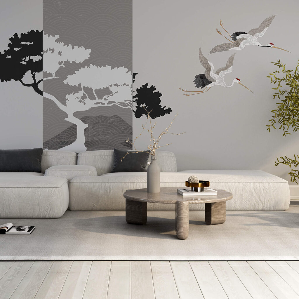 Δύο γερανοί που πετούν δίπλα σε ένα δέντρο Δύο γερανοί που πετούν δίπλα σε ένα δέντρο