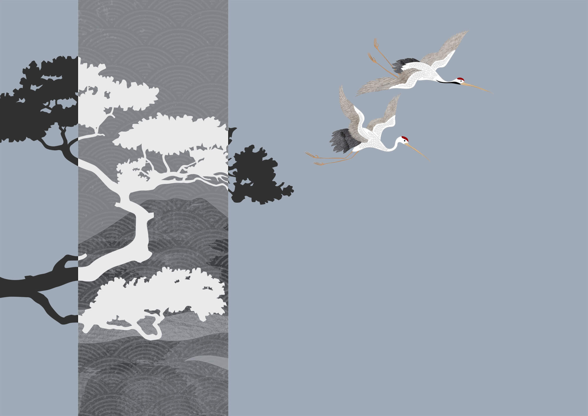 Couple of cranes flying next to a tree Couple of cranes flying next to a tree