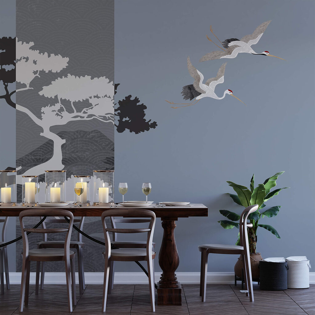 Ζευγάρι γερανών που πετούν δίπλα σε ένα δέντρο Ζευγάρι γερανών που πετούν δίπλα σε ένα δέντρο