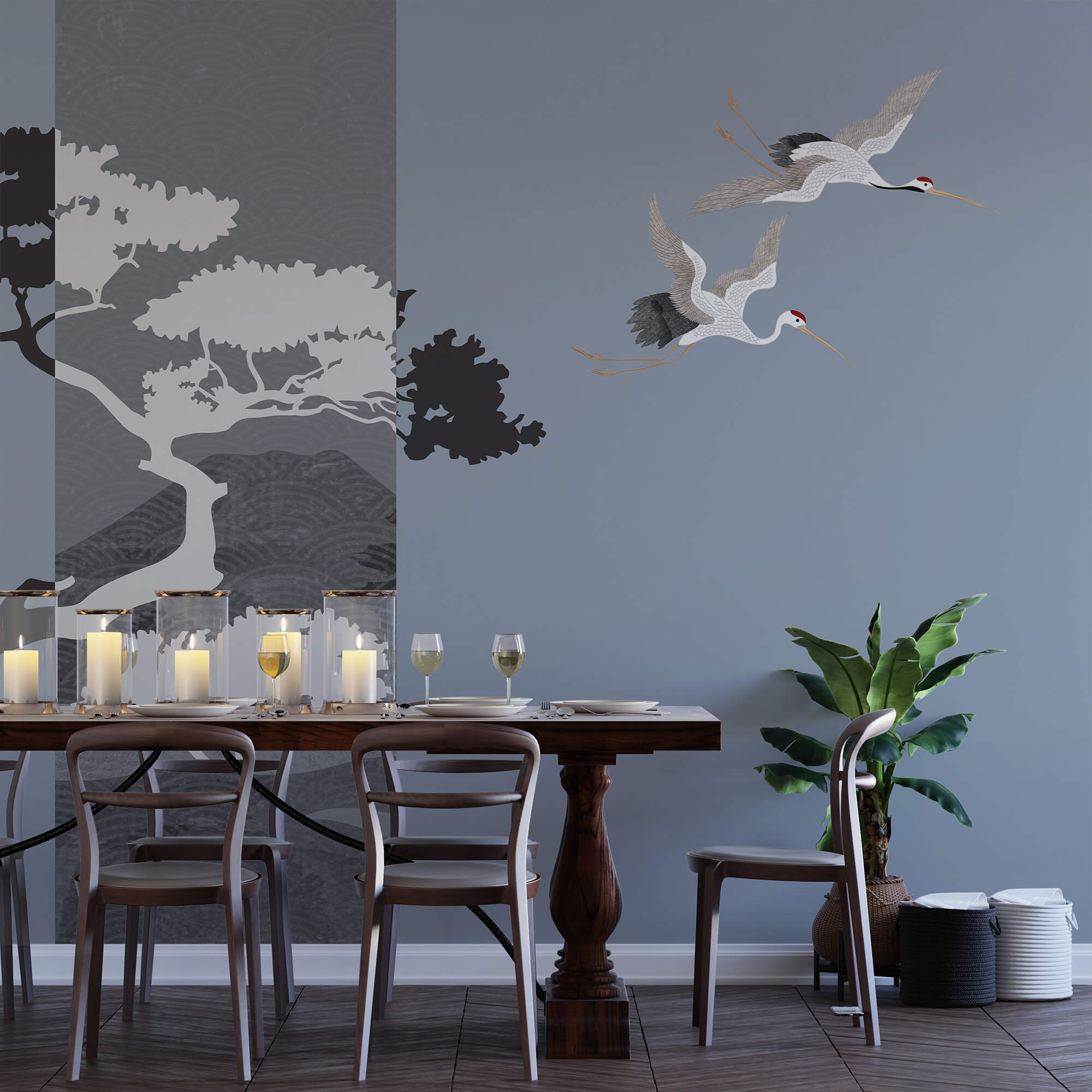 Ζευγάρι γερανών που πετούν δίπλα σε ένα δέντρο Ζευγάρι γερανών που πετούν δίπλα σε ένα δέντρο