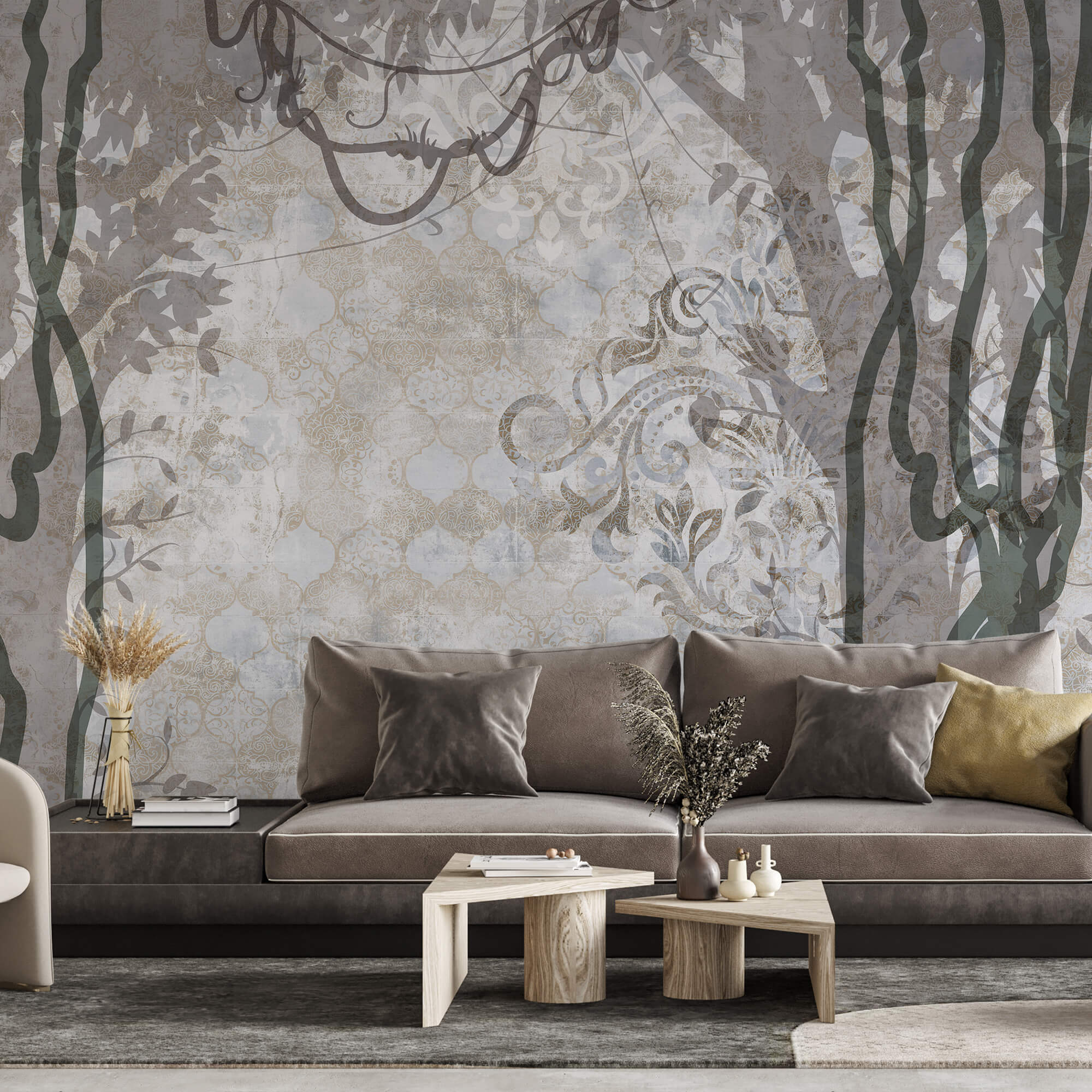 Λευκός τοίχος με αμπέλια και φύλλα