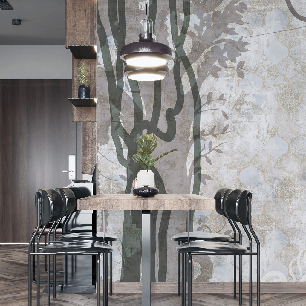 Λευκός τοίχος με αμπέλια και φύλλα