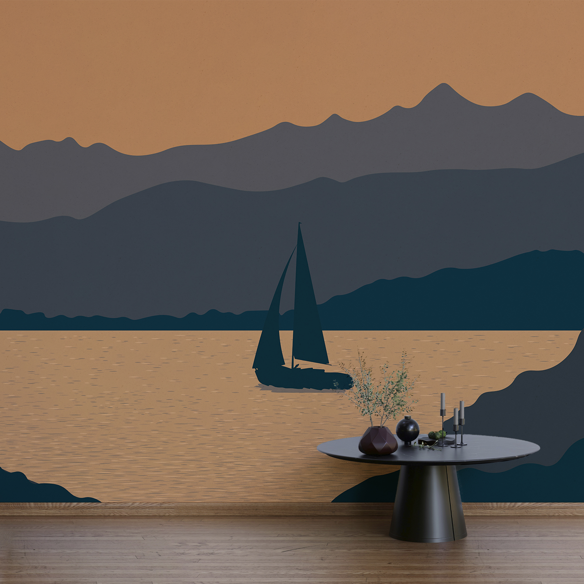 Ιστιοφόρο στο νερό με βουνά στο φόντο