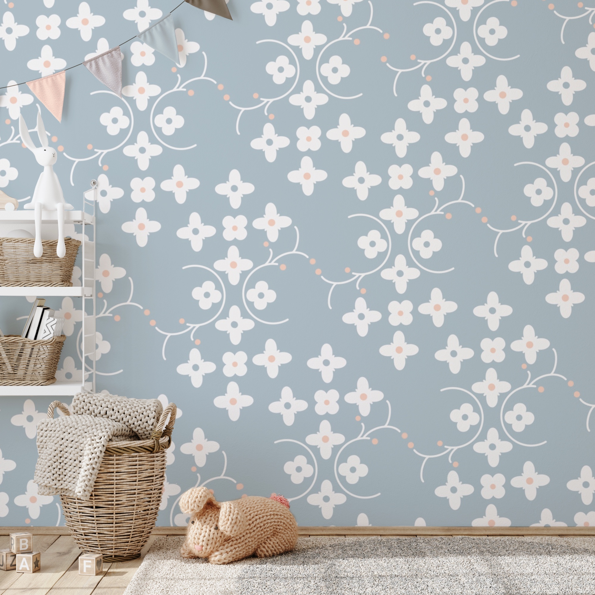 Μοτίβο από λευκά λουλούδια και ροζ κουκκίδες σε μπλε φόντο