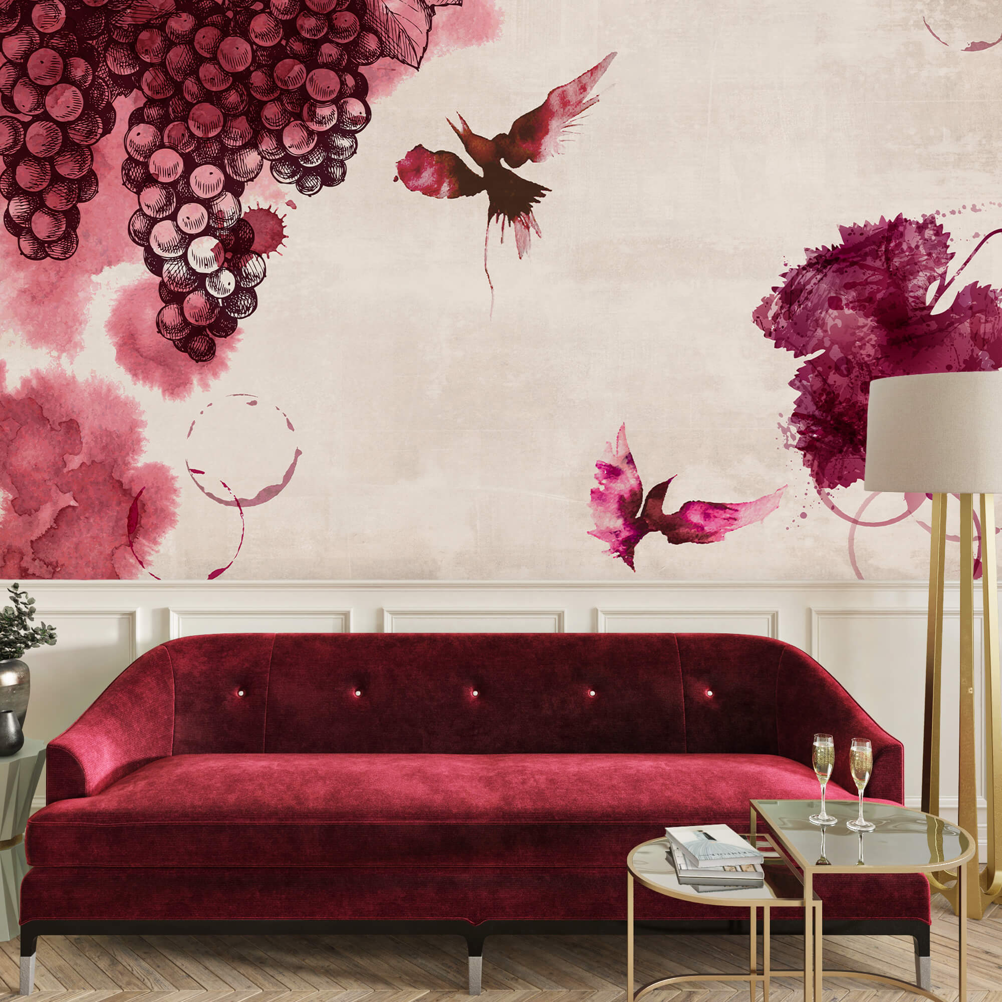 Ζωγραφική των πουλιών και των σταφυλιών