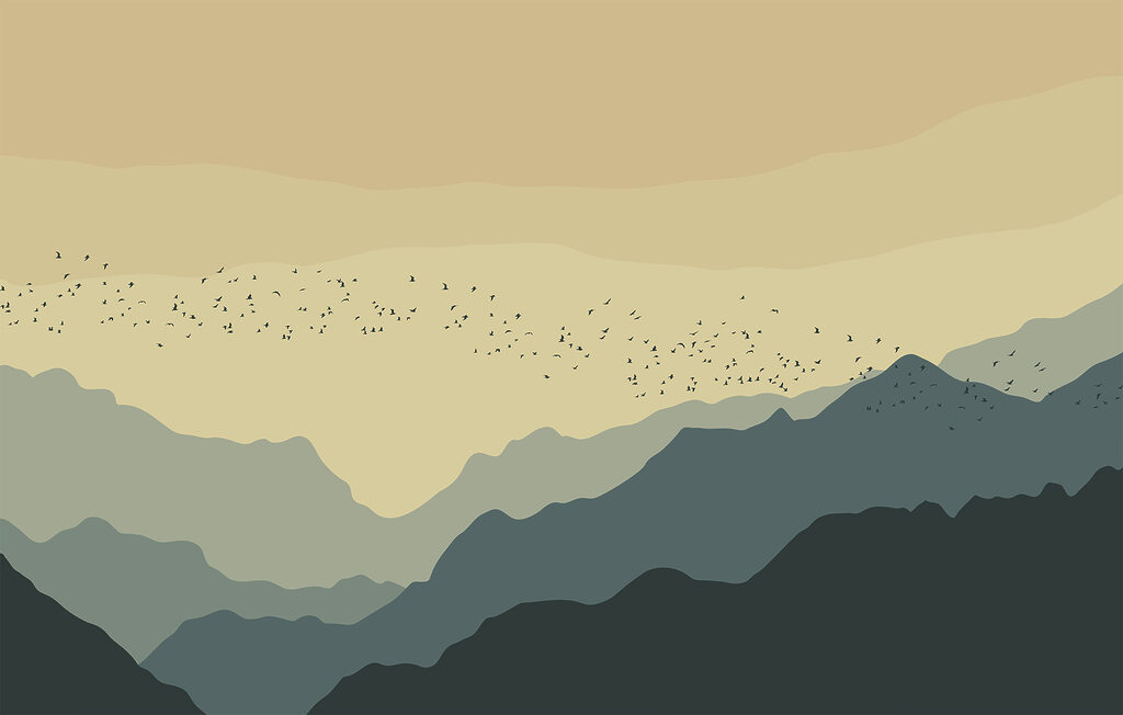 Group of birds flying over mountains