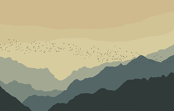 Group of birds flying over mountains