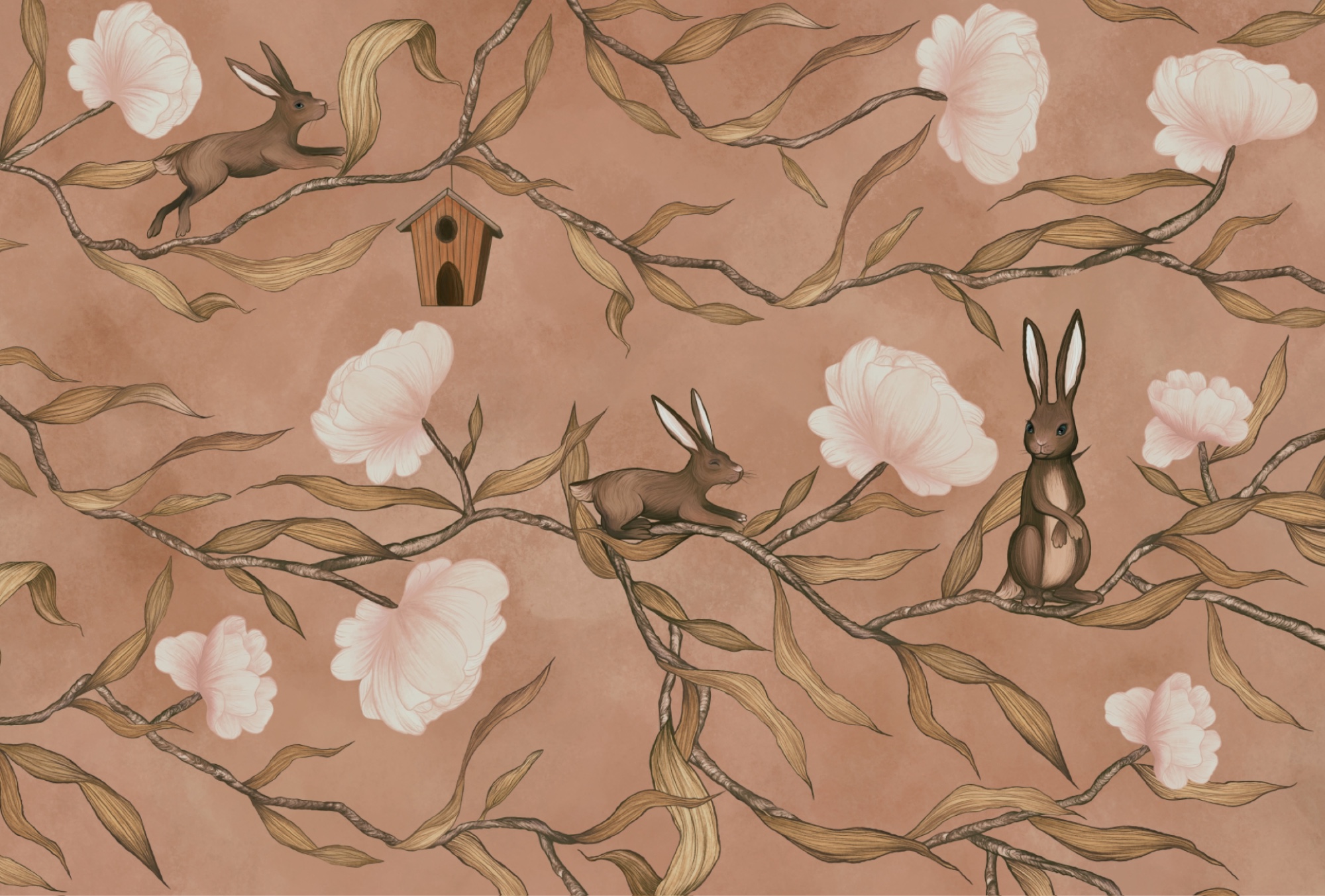 Wallpaper with rabbits and flowers