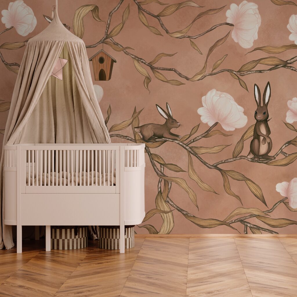 Ταπετσαρία με κουνέλια και λουλούδια