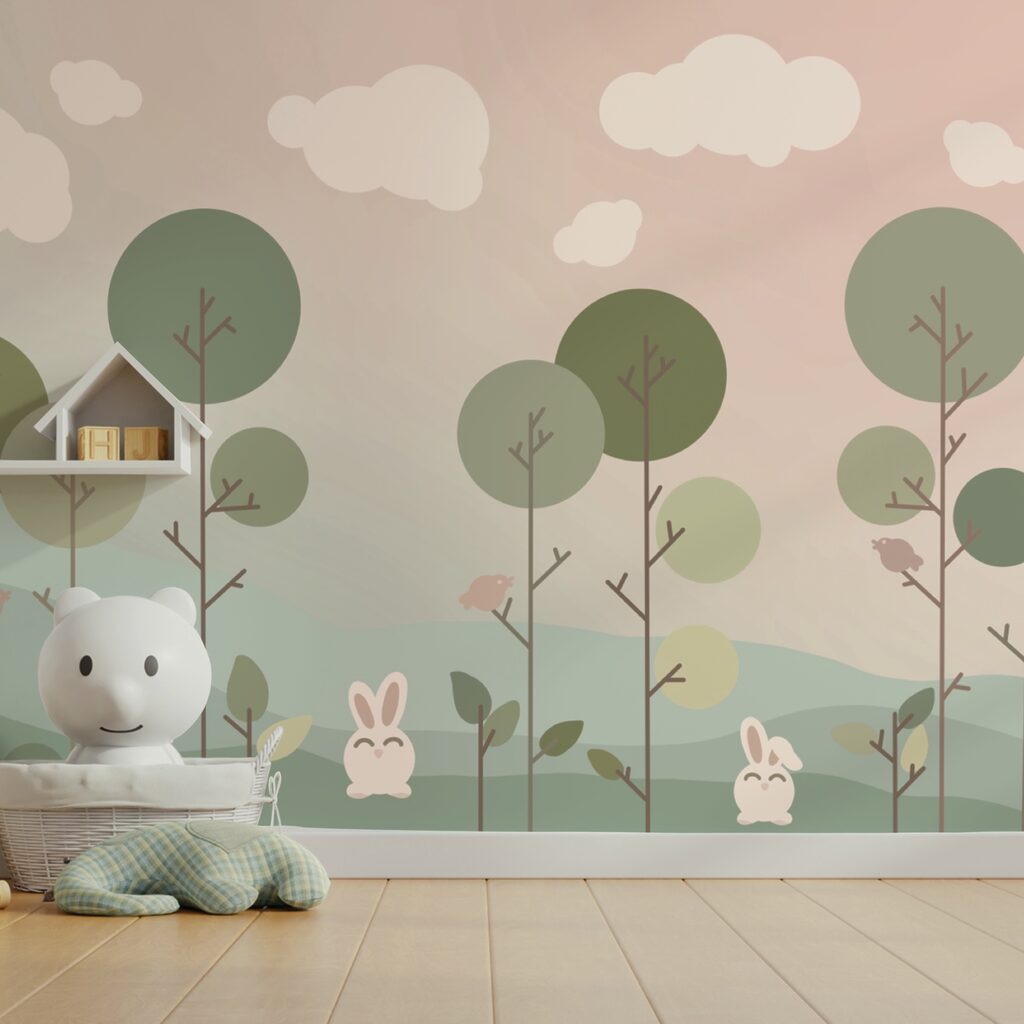 Ομάδα λαγουδάκια και δέντρα