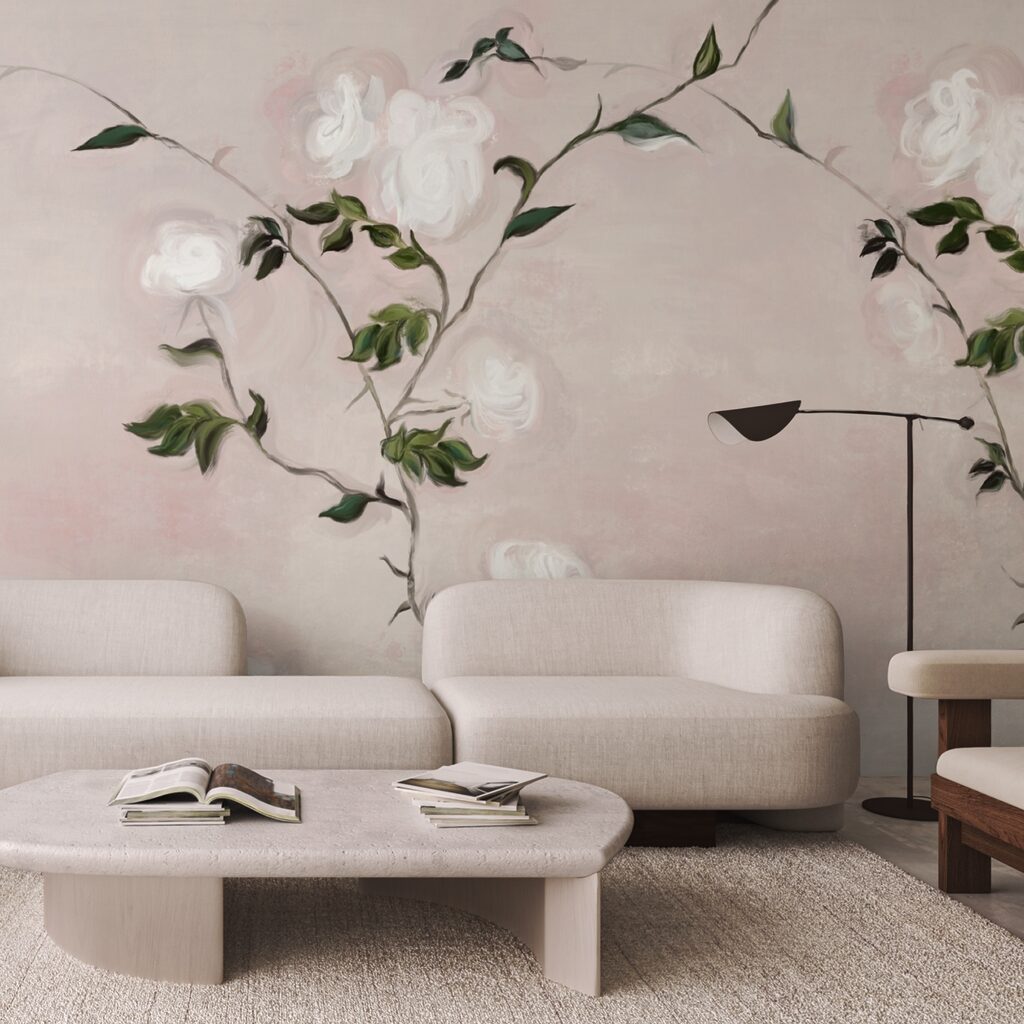 Ζωγραφική ενός κλαδιού με λευκά λουλούδια και πράσινα φύλλα