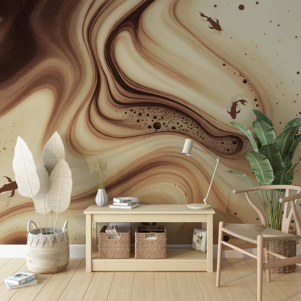 Καφέ και λευκά στροβιλώδη κύματα με σιλουέτες ψαριών