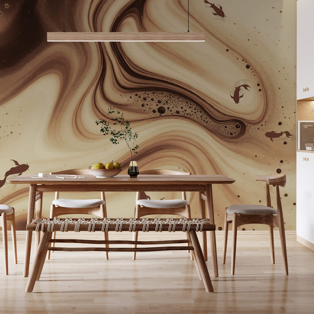 Καφέ και λευκά στροβιλώδη κύματα με σιλουέτες ψαριών