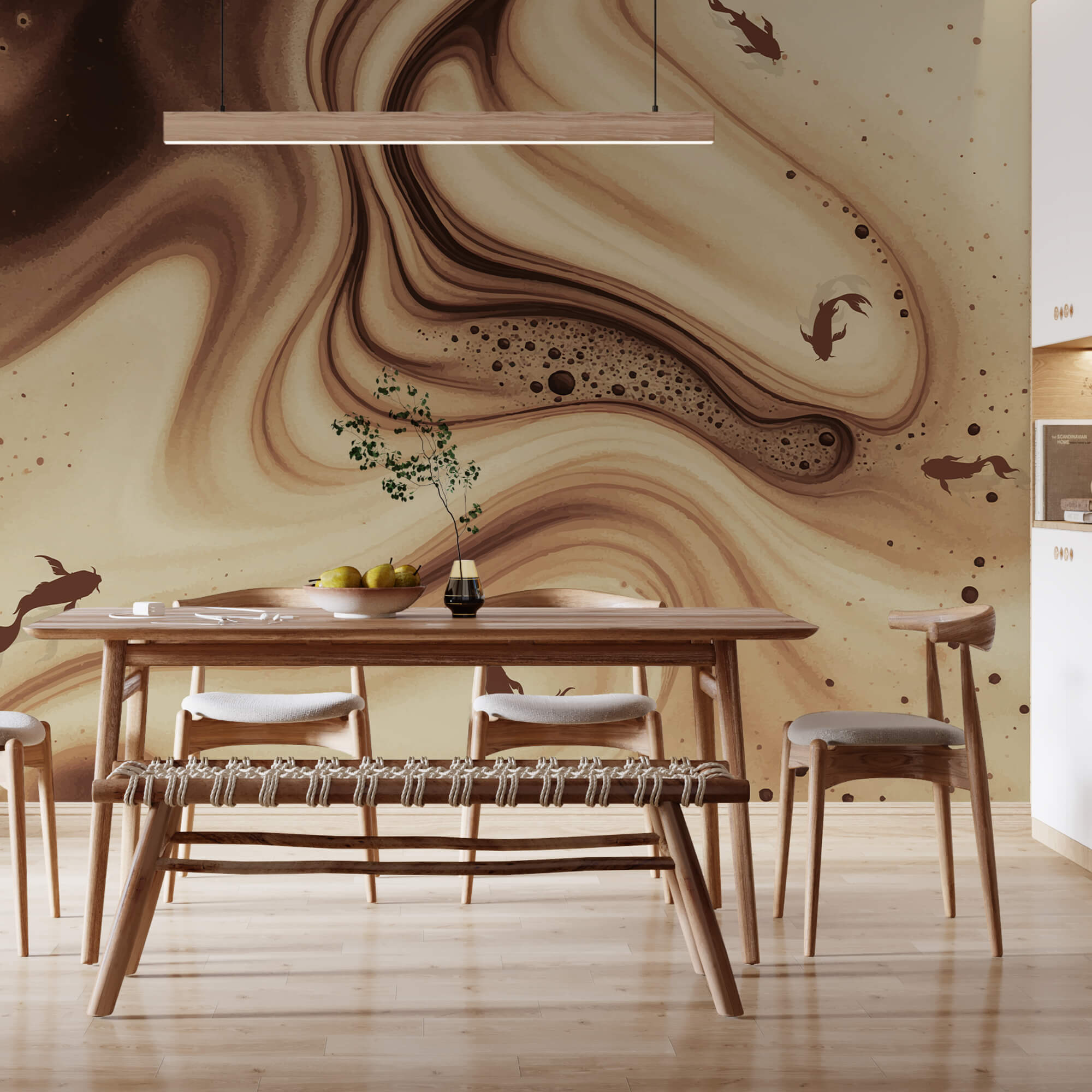 Καφέ και λευκά στροβιλώδη κύματα με σιλουέτες ψαριών