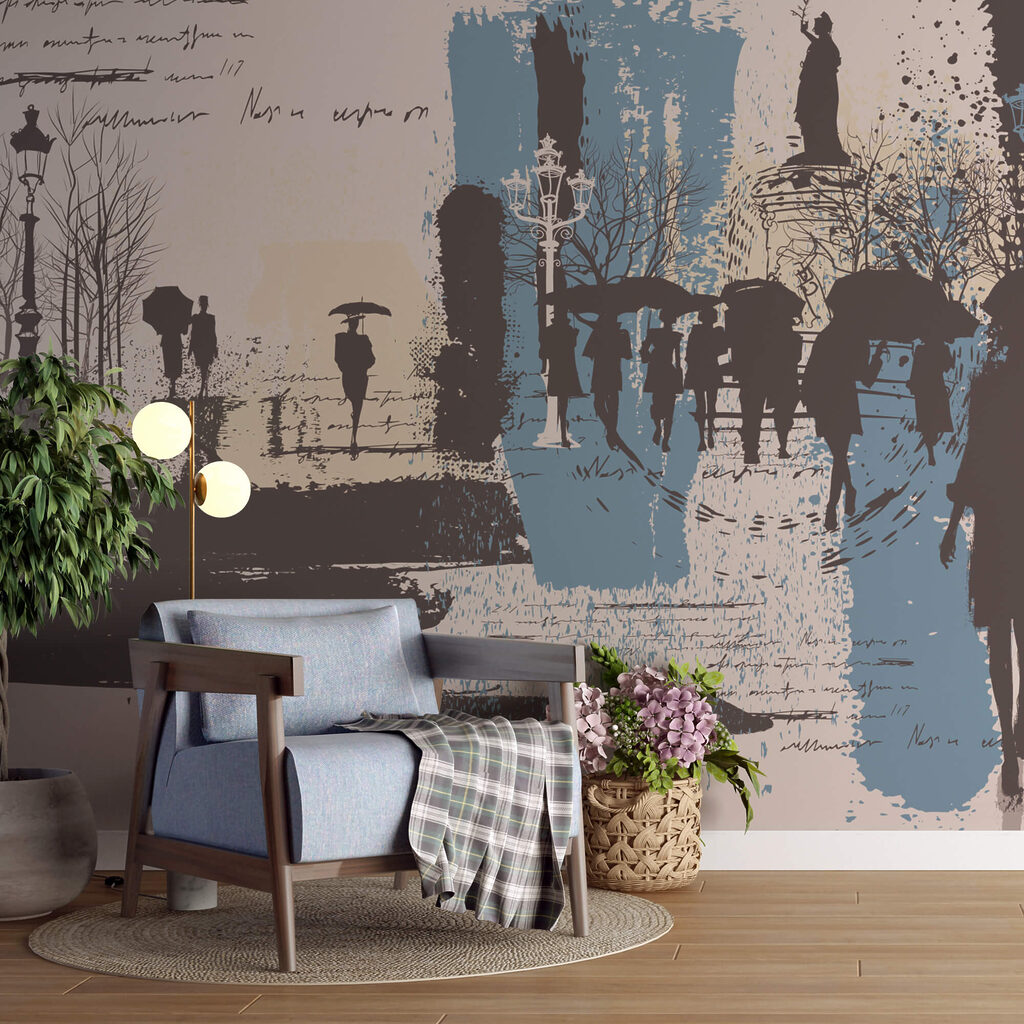 Ομάδα ανθρώπων που περπατούν με ομπρέλες