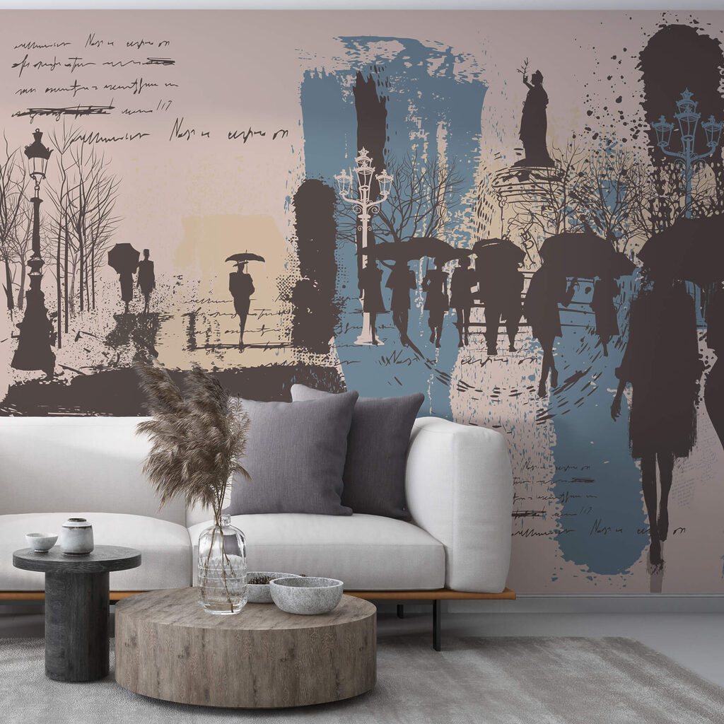 Ομάδα ανθρώπων που περπατούν με ομπρέλες