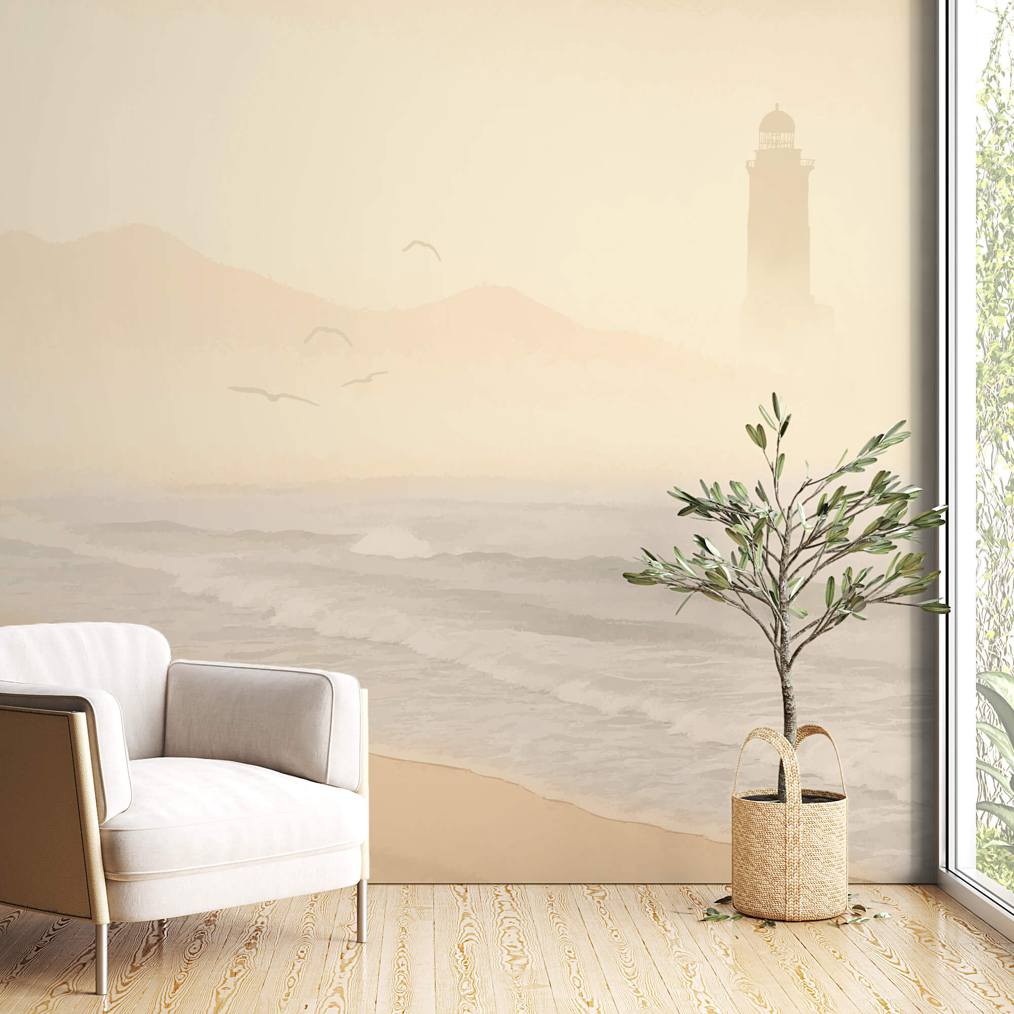 Παραλία με κύματα και πουλιά