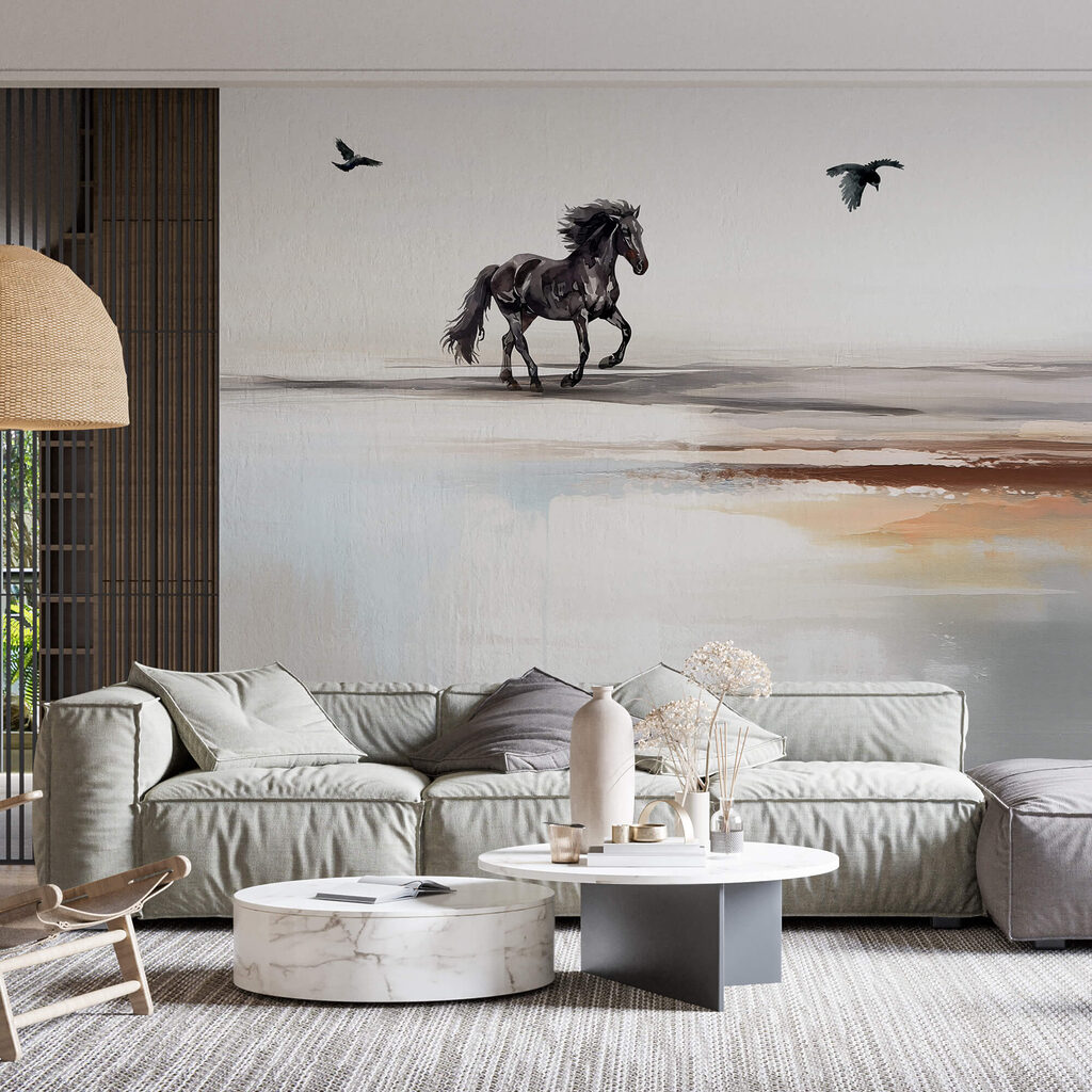 Ζωγραφική ενός αλόγου που τρέχει σε μια παραλία με πουλιά που πετούν