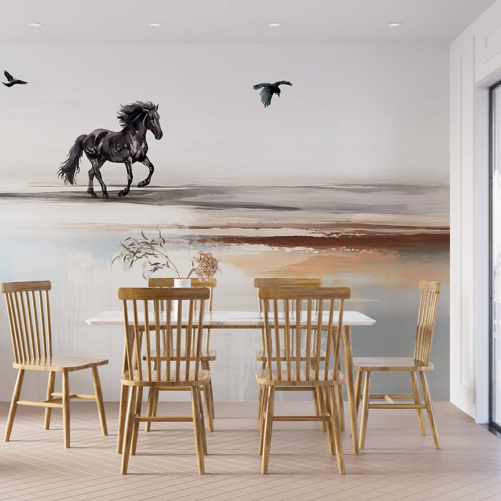 Ζωγραφική ενός αλόγου που τρέχει σε μια παραλία με πουλιά που πετούν
