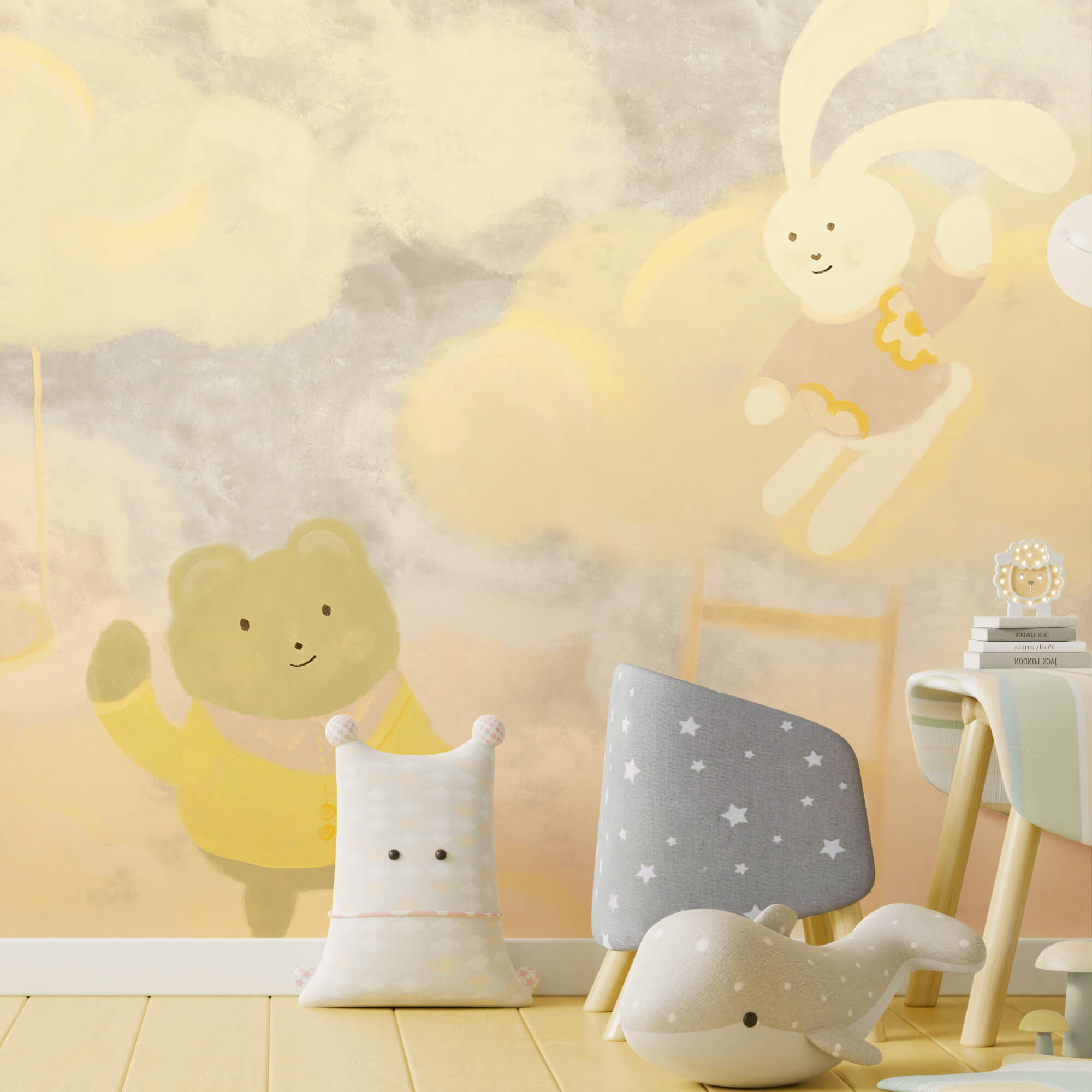 Καρτούν αρκούδα και λαγουδάκι στα σύννεφα