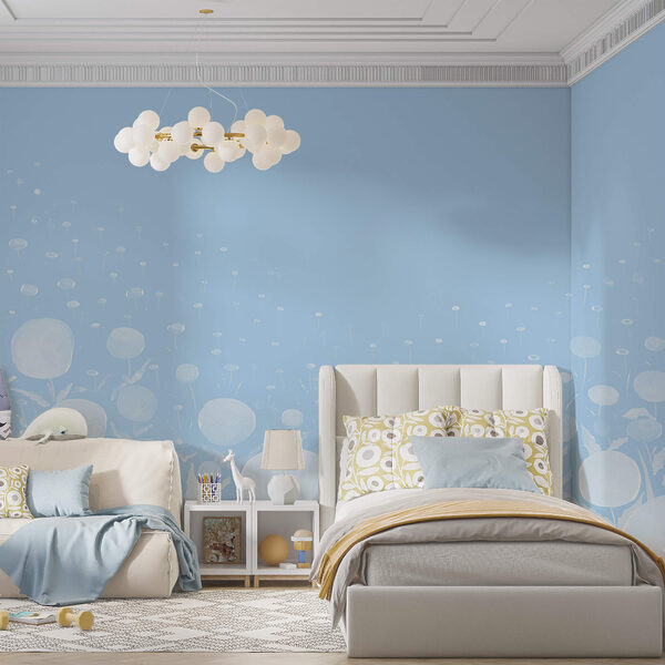 Λευκά λουλούδια με φύλλα και μπλε φόντο